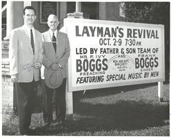 Layman's Review sign with Mr. F. Ivy Boggs and Frank Boggs outside the First Baptist Church